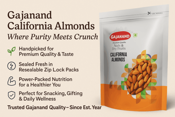 Gajanand California Almonds – Premium Quality, 100% Natural & Fresh | Crunchy Dry Fruits | Resealable Zip Lock Pack 250g - Image 2