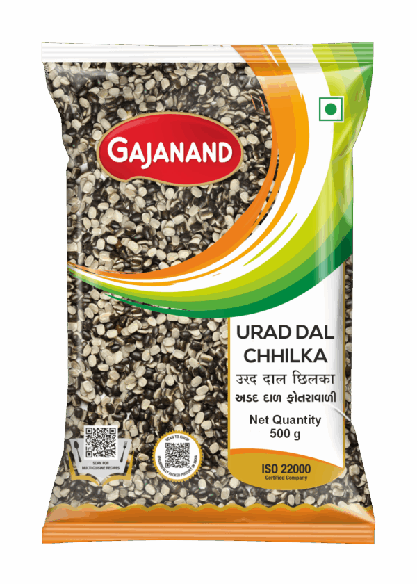 Gajanand Urad Dal Chilka (With Skin) – 500g | Premium Quality Split Black Gram | Protein-Rich, Unpolished, ISO 22000 Certified